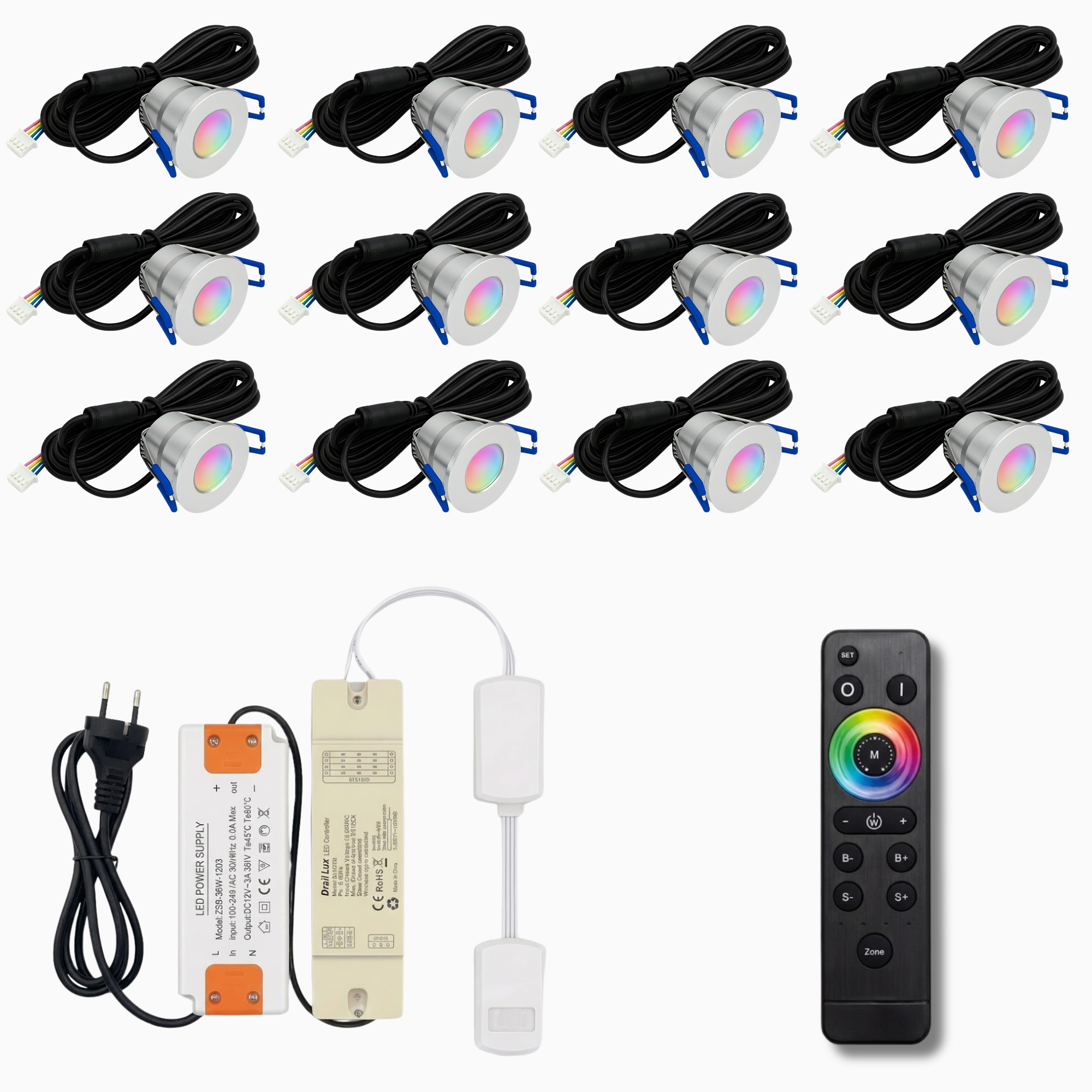 Begaman SMART Colour | Silver Recessed 3W Spot Kit | LED + 5m Cable + 36W Driver + EU Plug + Junction Box + Controller, RGB Full Colour