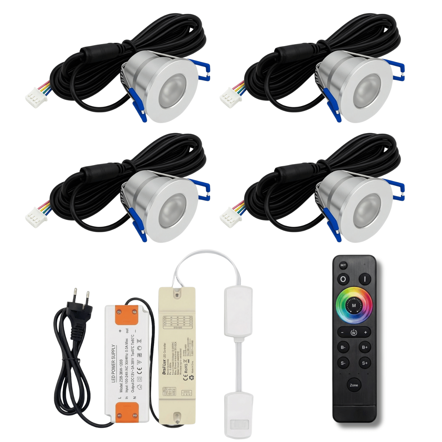 Begaman SMART Colour | Silver Recessed 3W Spot Kit | LED + 5m Cable + 36W Driver + EU Plug + Junction Box + Controller, RGB Full Colour