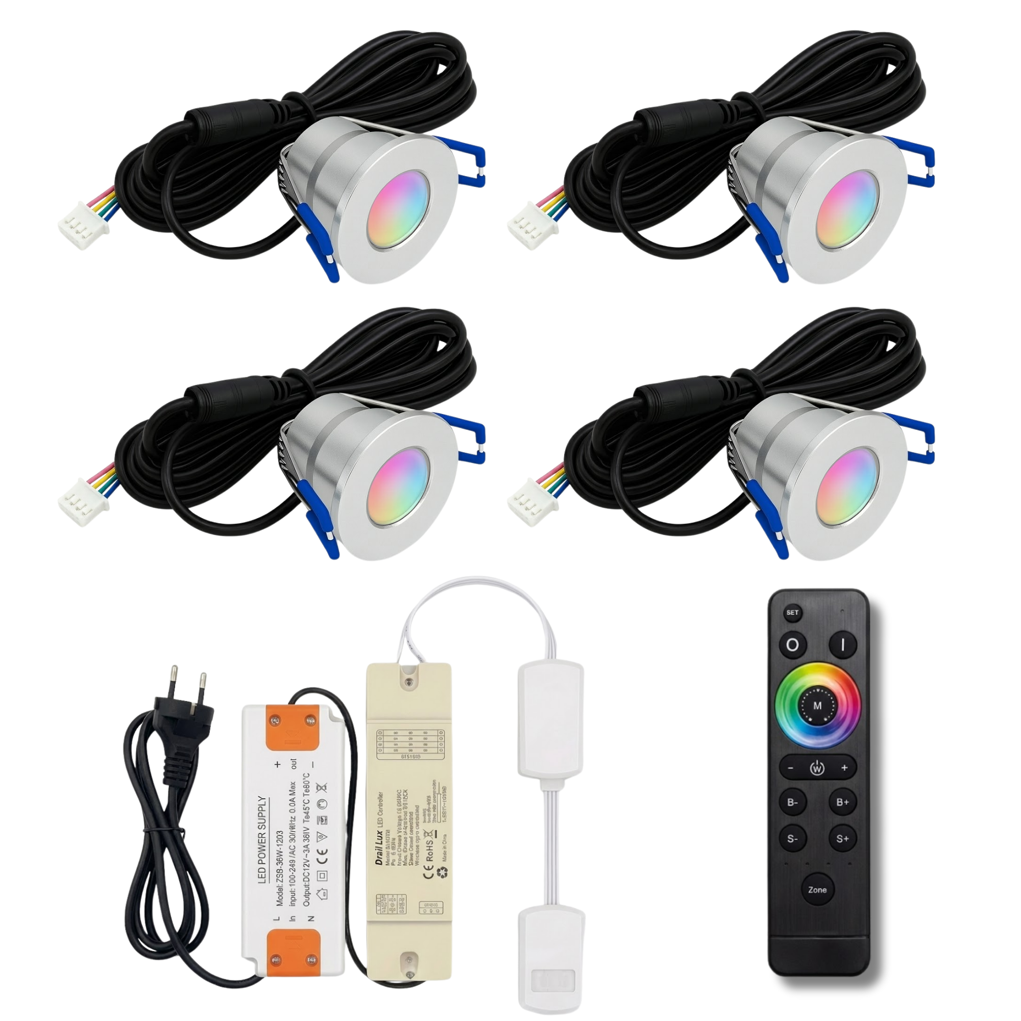 Begaman SMART Colour | Silver Recessed 3W Spot Kit | LED + 5m Cable + 36W Driver + EU Plug + Junction Box + Controller, RGB Full Colour