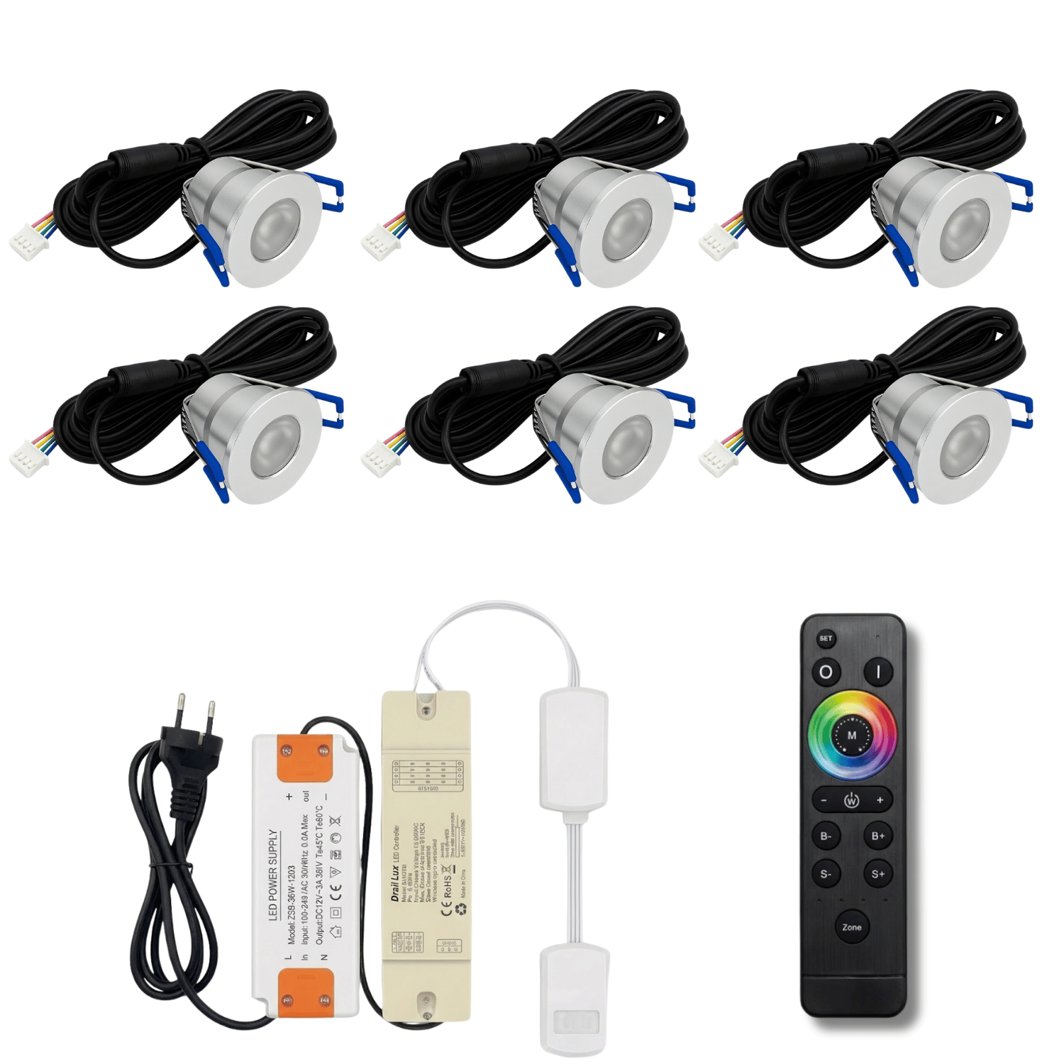 Begaman SMART Colour | Silver Recessed 3W Spot Kit | LED + 5m Cable + 36W Driver + EU Plug + Junction Box + Controller, RGB Full Colour