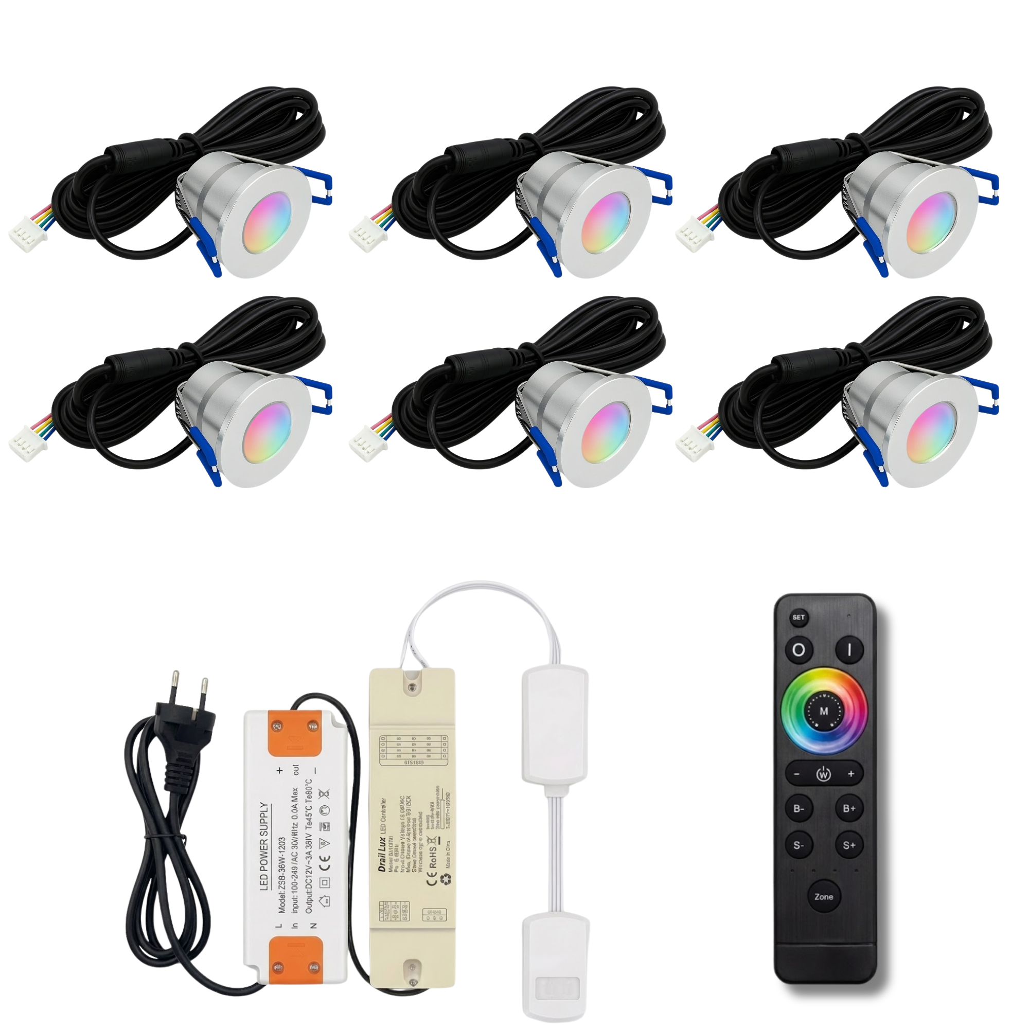 Begaman SMART Colour | Silver Recessed 3W Spot Kit | LED + 5m Cable + 36W Driver + EU Plug + Junction Box + Controller, RGB Full Colour