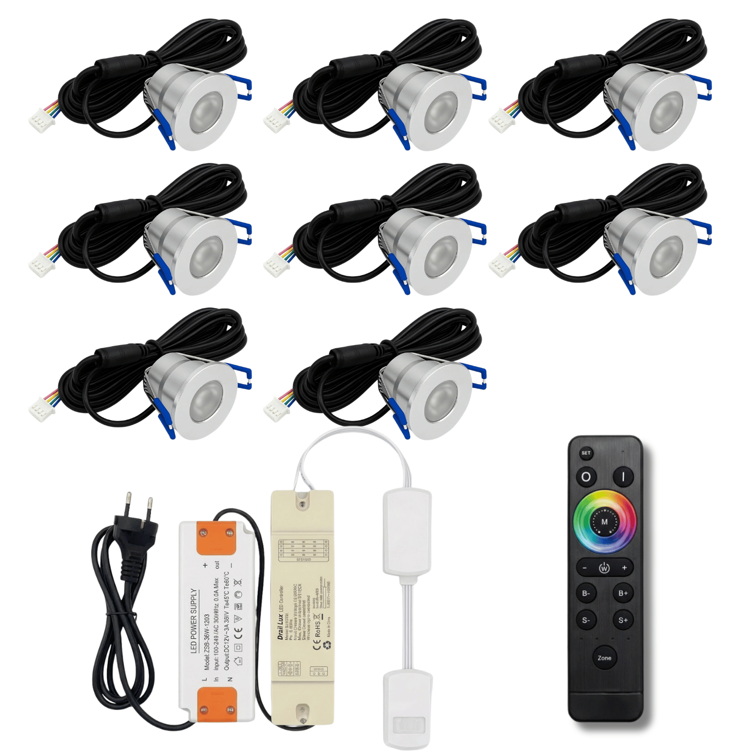 Begaman SMART Colour | Silver Recessed 3W Spot Kit | LED + 5m Cable + 36W Driver + EU Plug + Junction Box + Controller, RGB Full Colour