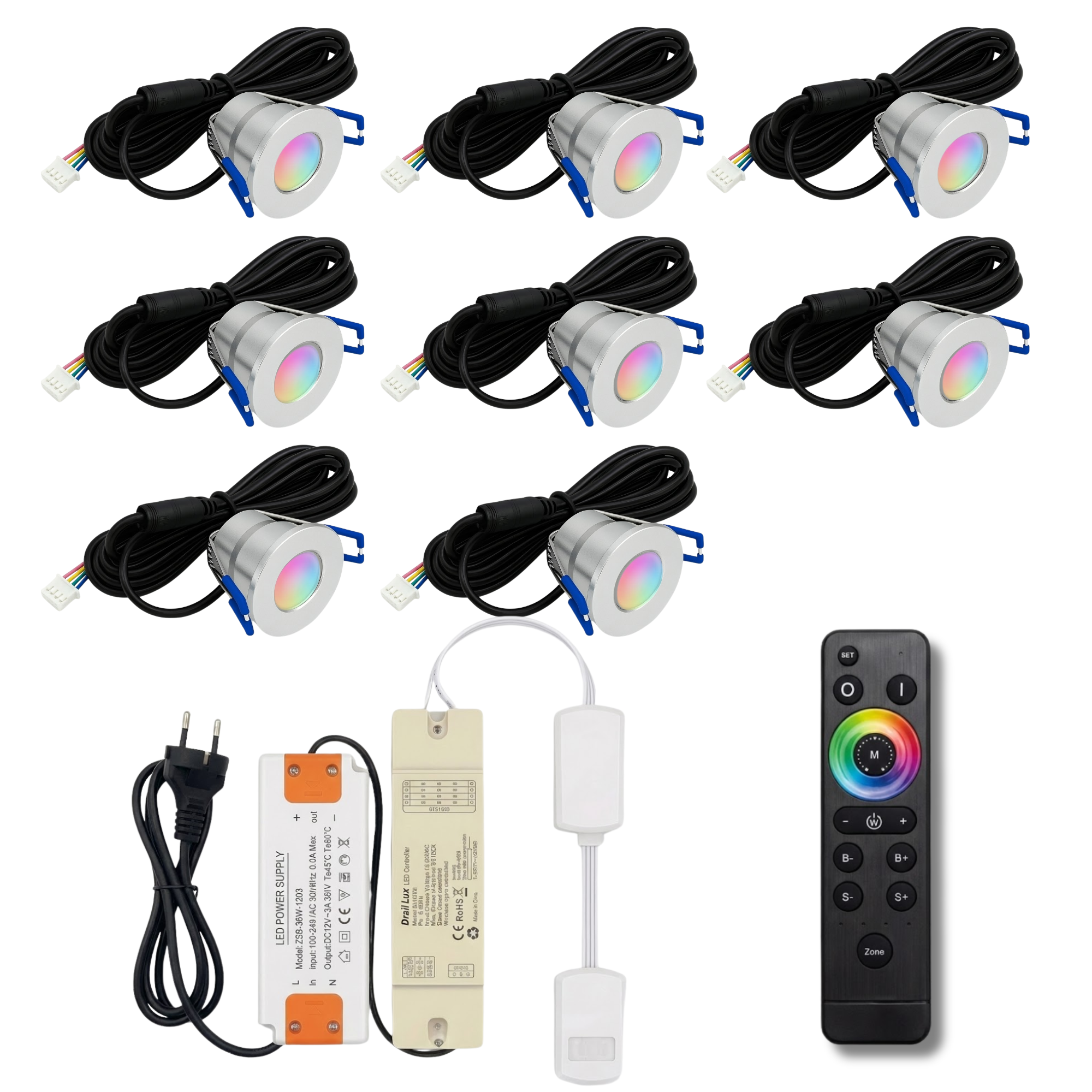 Begaman SMART Colour | Silver Recessed 3W Spot Kit | LED + 5m Cable + 36W Driver + EU Plug + Junction Box + Controller, RGB Full Colour